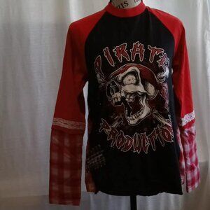 Upcycled back long-sleeve shirt with Pirate Production graphic and plaid accents